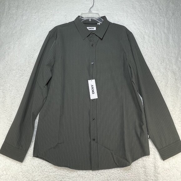 DKNY Shirt Mens Size L Large Green Stripe Long Sleeve Stretch UPF 30 NWT - Picture 1 of 9